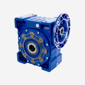 Reductor sinfín Motovario NMRV azul con carcasa de aluminio y eje hueco, ideal para maquinaria industrial